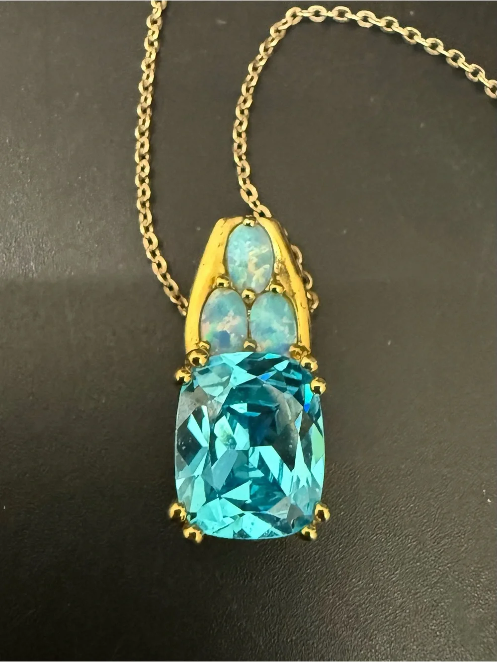 925 Sterling Gold Vermeil Cushion Cut Blue Topaz Gemstone Opal Pendant Necklace